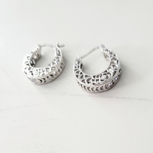 Sterling Silver Filigree/Simulated Diamond Hoops - Picture 3 of 8